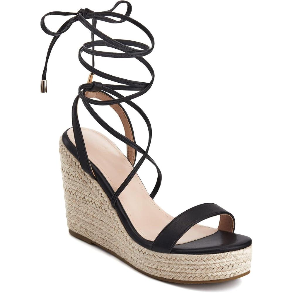 imageWomens Espadrille Wedges Lace Up Platform Ankle Cross Strap Slingback Summer Dress SandalsPublack