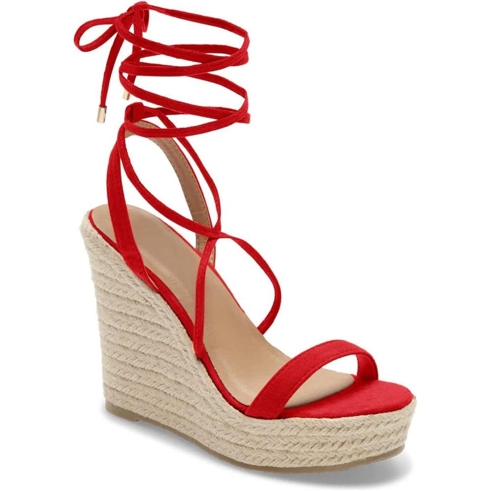 imageWomens Espadrille Wedges Lace Up Platform Ankle Cross Strap Slingback Summer Dress SandalsRed