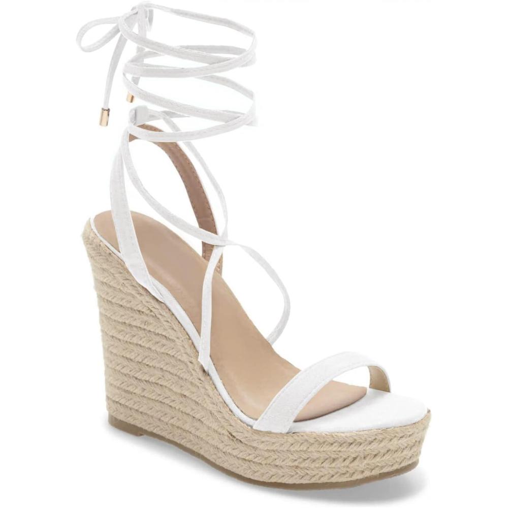 imageWomens Espadrille Wedges Lace Up Platform Ankle Cross Strap Slingback Summer Dress SandalsSuedewhite