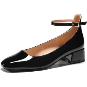 Coutgo Womens Chunky Low Heels Closed Square Toe Ankle Strap Pumps Wedding Prom Dress Shoes(Black)