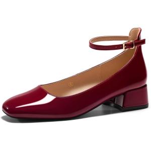 Coutgo Womens Chunky Low Heels Closed Square Toe Ankle Strap Pumps Wedding Prom Dress Shoes(Burgundy)