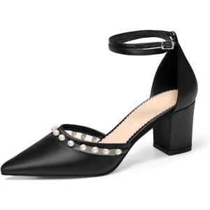 Coutgo Womens Pearl Chunky Heels Wedding Shoes for Bride Closed Pointed Toe Ankle Strap Satin Pumps(Black)