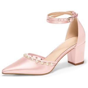 Coutgo Womens Pearl Chunky Heels Wedding Shoes for Bride Closed Pointed Toe Ankle Strap Satin Pumps(Pink)
