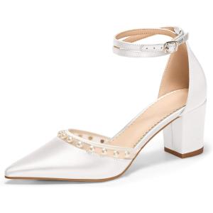 Coutgo Womens Pearl Chunky Heels Wedding Shoes for Bride Closed Pointed Toe Ankle Strap Satin Pumps(White)