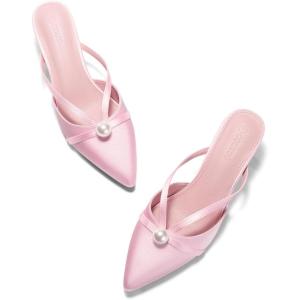 Coutgo Womens Pearl Kitten Heels Mules Closed Pointed Toe Sandals Satin Wedding Party Dress Shoes(Pink)