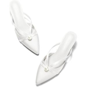 Coutgo Womens Pearl Kitten Heels Mules Closed Pointed Toe Sandals Satin Wedding Party Dress Shoes(White)