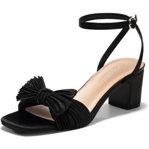 Coutgo Womens Pleated Bow Sandals Block Low Heel Wedding Bride Shoes Open Toe Ankle Strap Dressy Sandals(Black)