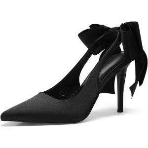 Coutgo Womens Slingback High Heels with Bow Closed Pointed Toe Wedding Bride Dress Shoes Satin Pumps(Black)