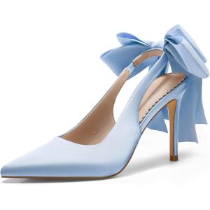 Coutgo Womens Slingback High Heels with Bow Closed Pointed Toe Wedding Bride Dress Shoes Satin Pumps(Blue)