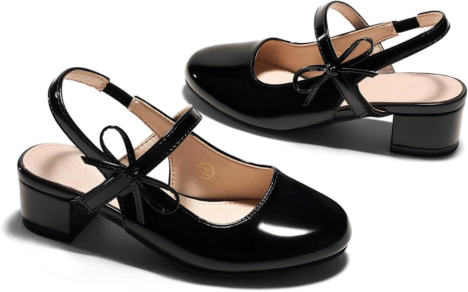 image:imageCoutgo Girls Dress Shoes Flower Girl Mary Jane Low Heels Wedding Party Bow Pumps for Toddler Little Big KidBlack Patent