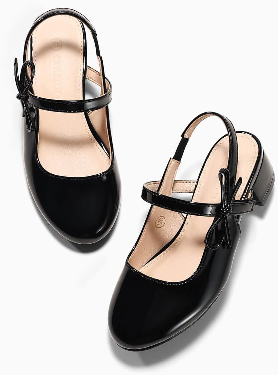 image:imageCoutgo Girls Dress Shoes Flower Girl Mary Jane Low Heels Wedding Party Bow Pumps for Toddler Little Big KidBlack Patent