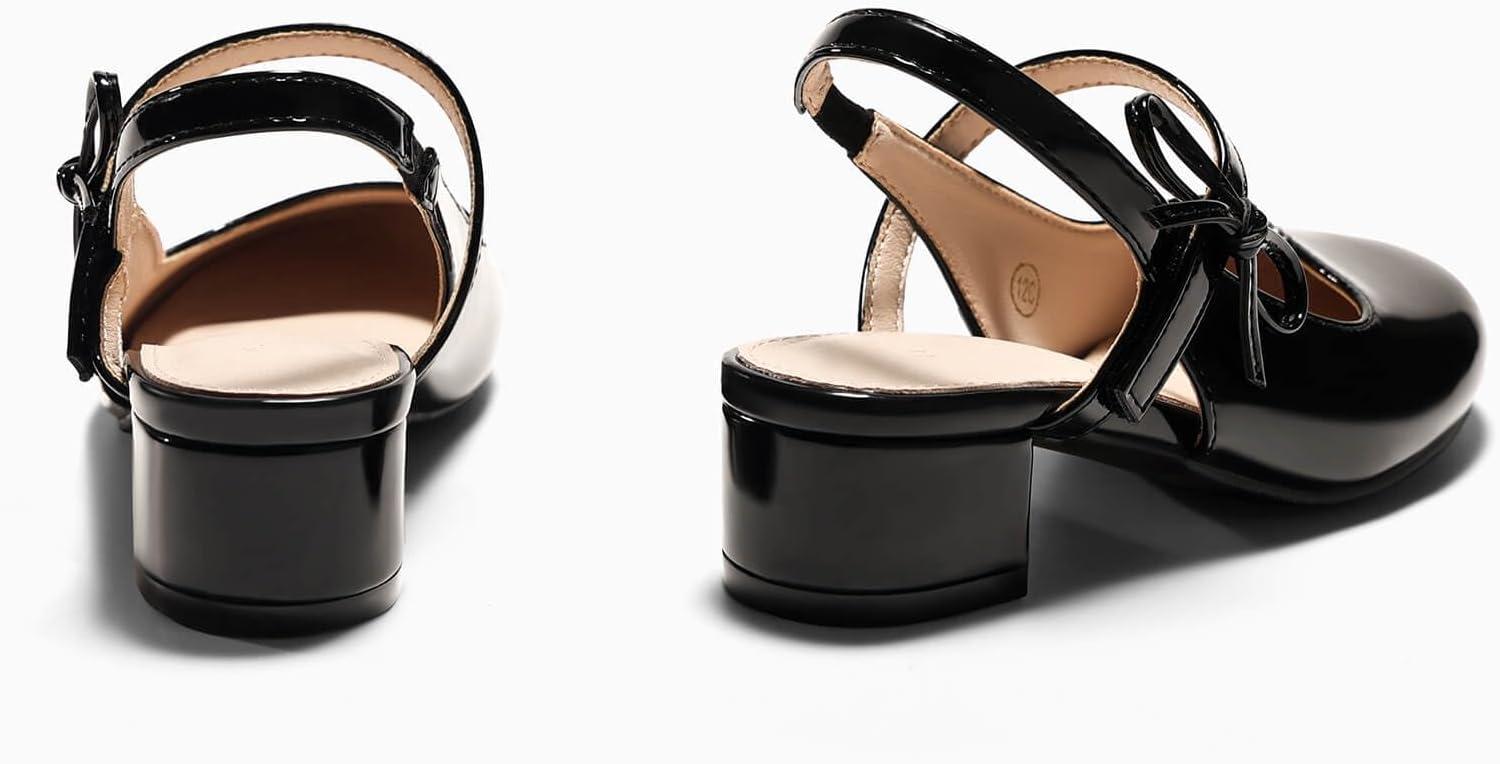 image:imageCoutgo Girls Dress Shoes Flower Girl Mary Jane Low Heels Wedding Party Bow Pumps for Toddler Little Big KidBlack Patent