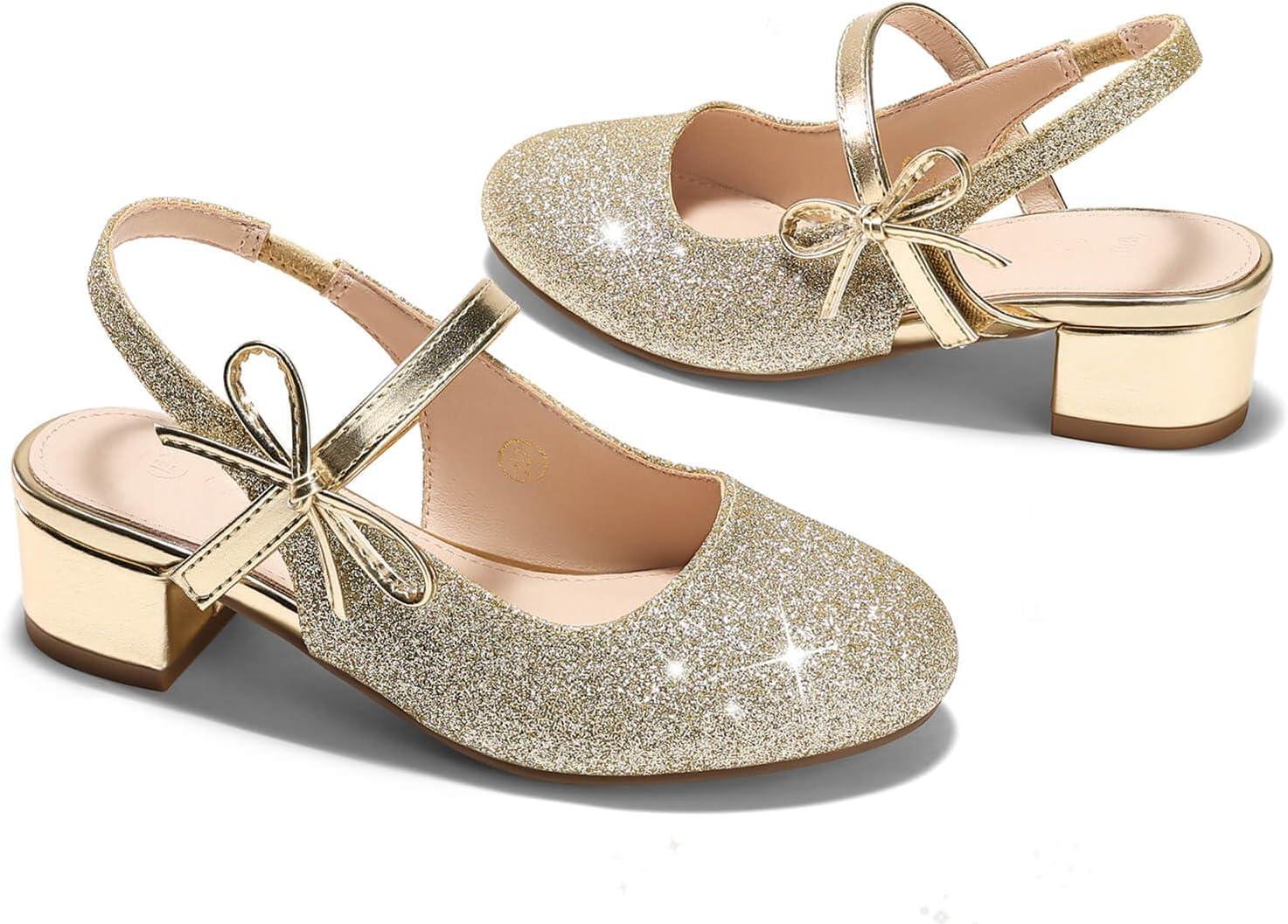 image:imageCoutgo Girls Dress Shoes Flower Girl Mary Jane Low Heels Wedding Party Bow Pumps for Toddler Little Big KidGold Glitter