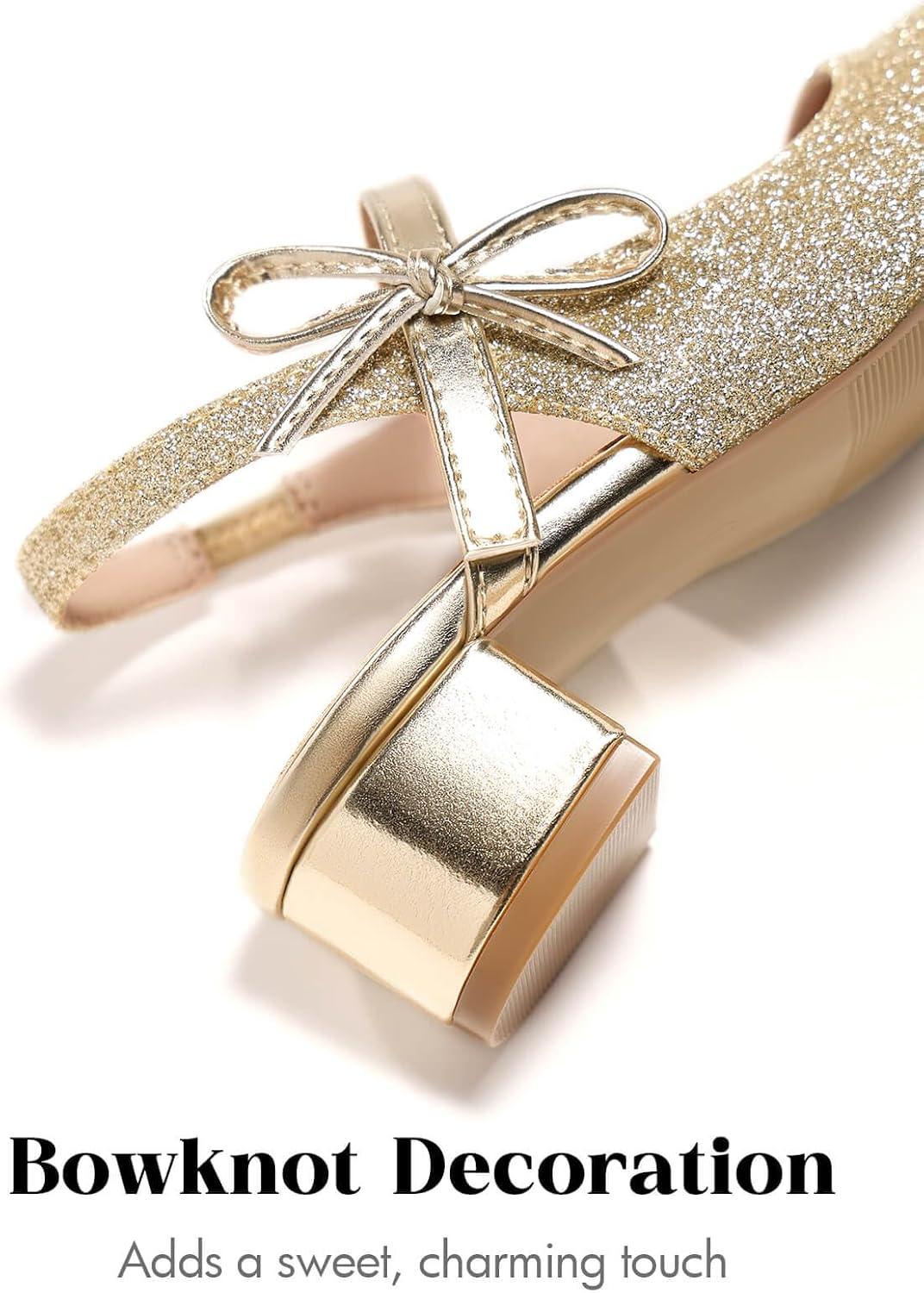 image:imageCoutgo Girls Dress Shoes Flower Girl Mary Jane Low Heels Wedding Party Bow Pumps for Toddler Little Big KidGold Glitter