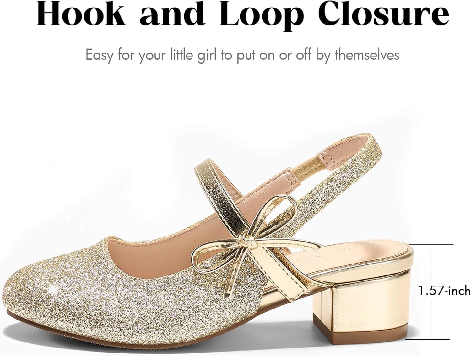 image:imageCoutgo Girls Dress Shoes Flower Girl Mary Jane Low Heels Wedding Party Bow Pumps for Toddler Little Big KidGold Glitter