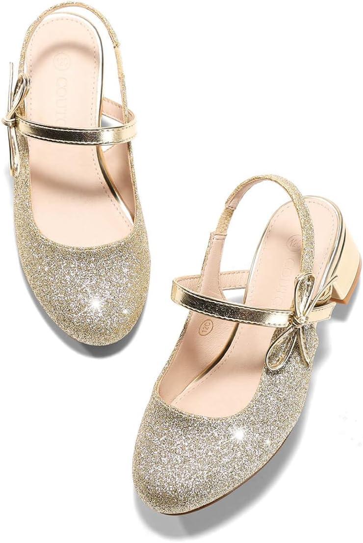 image:imageCoutgo Girls Dress Shoes Flower Girl Mary Jane Low Heels Wedding Party Bow Pumps for Toddler Little Big KidGold Glitter