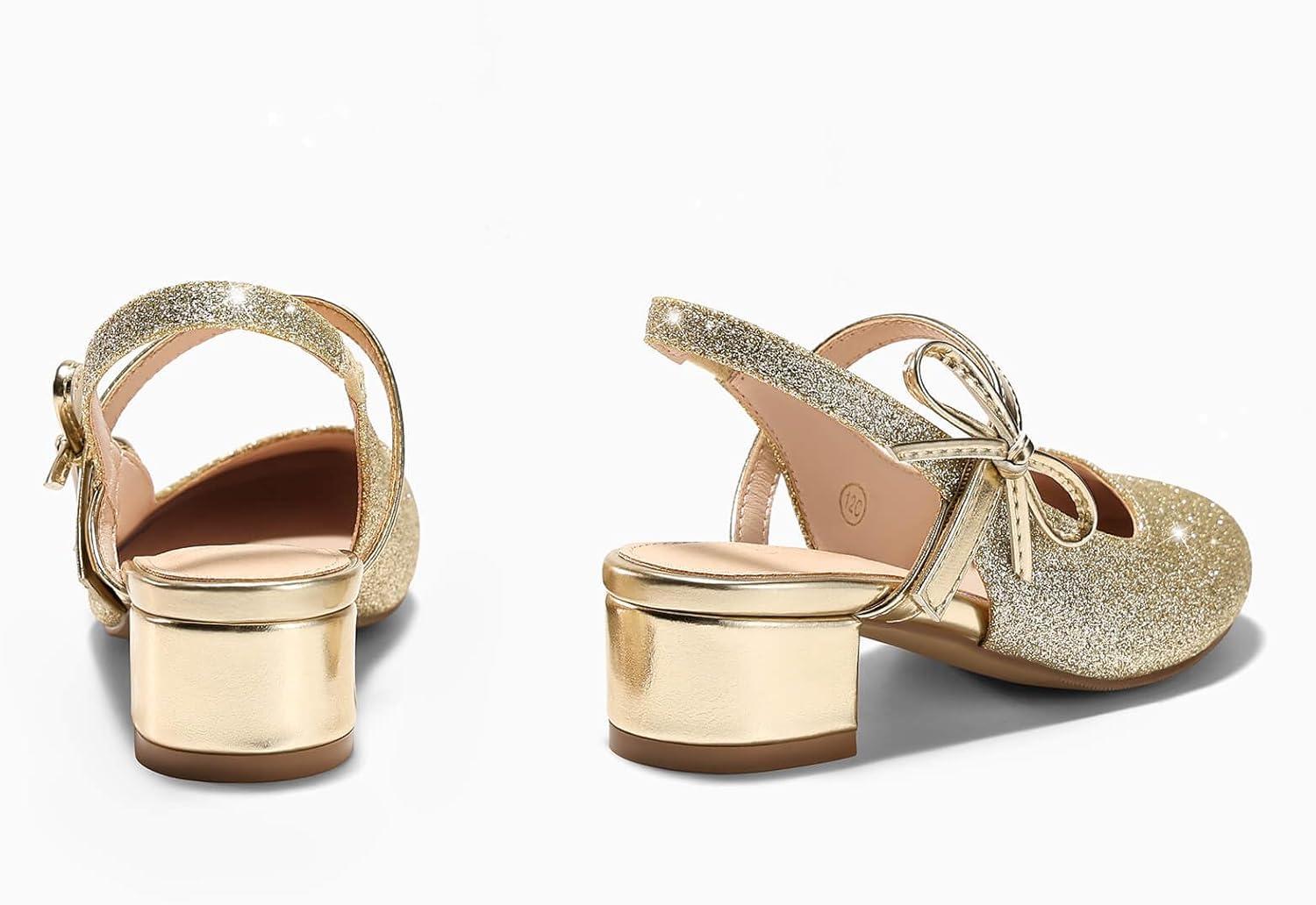 image:imageCoutgo Girls Dress Shoes Flower Girl Mary Jane Low Heels Wedding Party Bow Pumps for Toddler Little Big KidGold Glitter