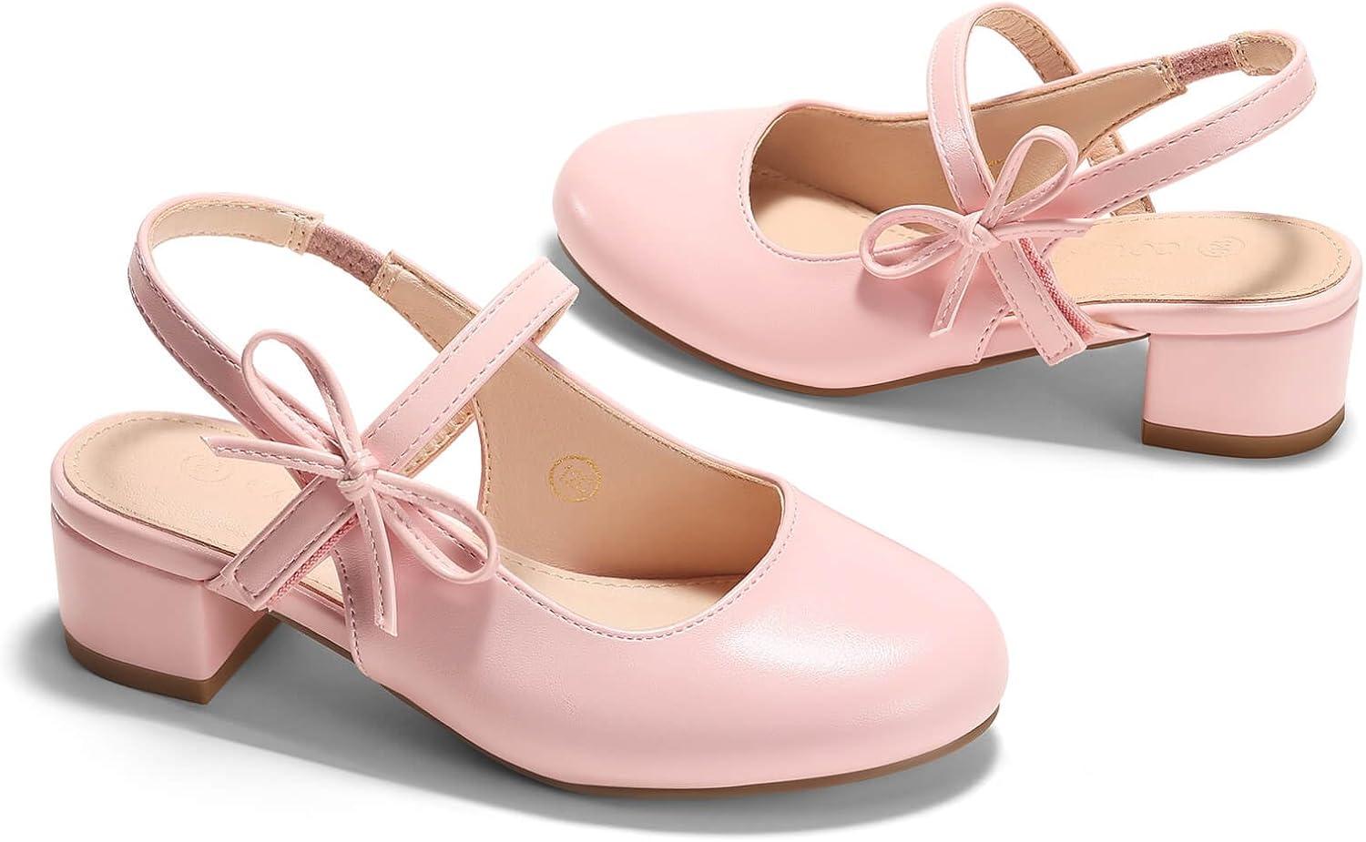 image:imageCoutgo Girls Dress Shoes Flower Girl Mary Jane Low Heels Wedding Party Bow Pumps for Toddler Little Big KidPink Pu