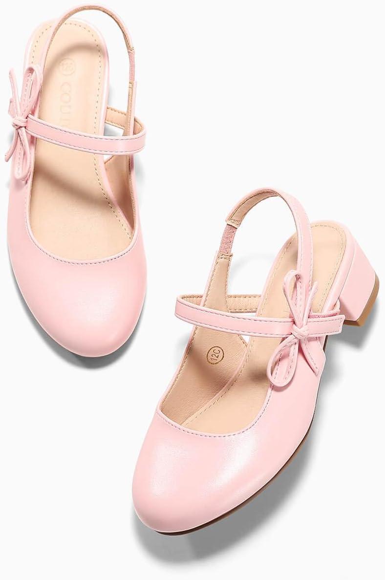 image:imageCoutgo Girls Dress Shoes Flower Girl Mary Jane Low Heels Wedding Party Bow Pumps for Toddler Little Big KidPink Pu