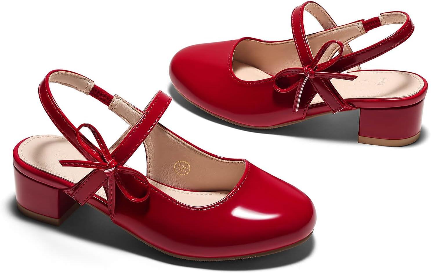 image:imageCoutgo Girls Dress Shoes Flower Girl Mary Jane Low Heels Wedding Party Bow Pumps for Toddler Little Big KidRed Patent