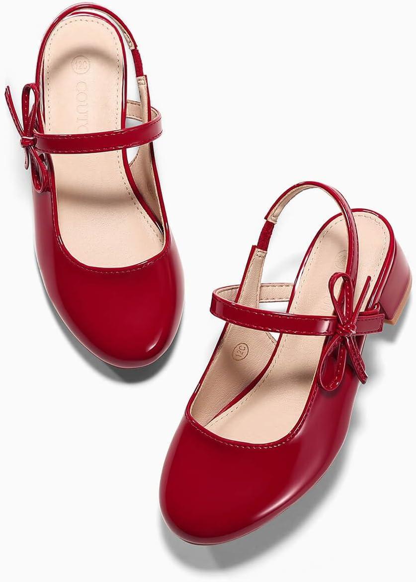 image:imageCoutgo Girls Dress Shoes Flower Girl Mary Jane Low Heels Wedding Party Bow Pumps for Toddler Little Big KidRed Patent