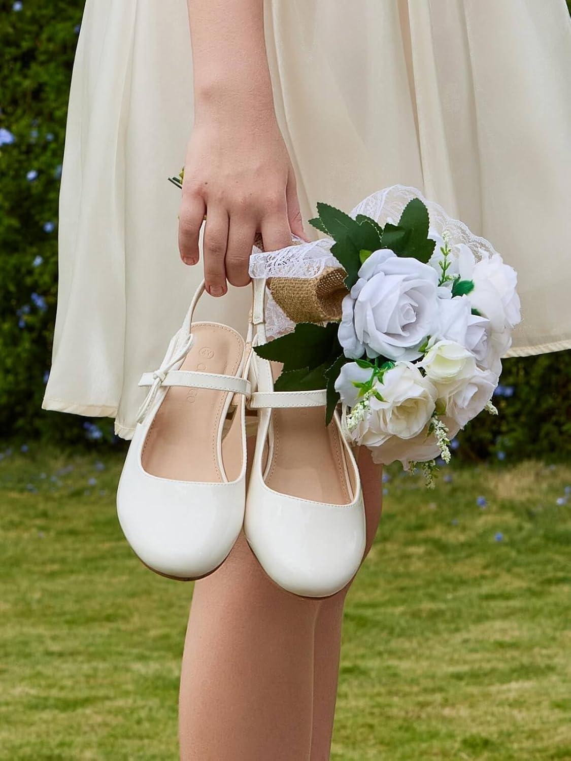 image:imageCoutgo Girls Dress Shoes Flower Girl Mary Jane Low Heels Wedding Party Bow Pumps for Toddler Little Big KidWhite Patent