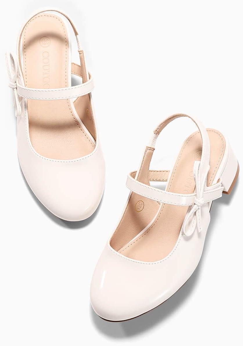 image:imageCoutgo Girls Dress Shoes Flower Girl Mary Jane Low Heels Wedding Party Bow Pumps for Toddler Little Big KidWhite Patent