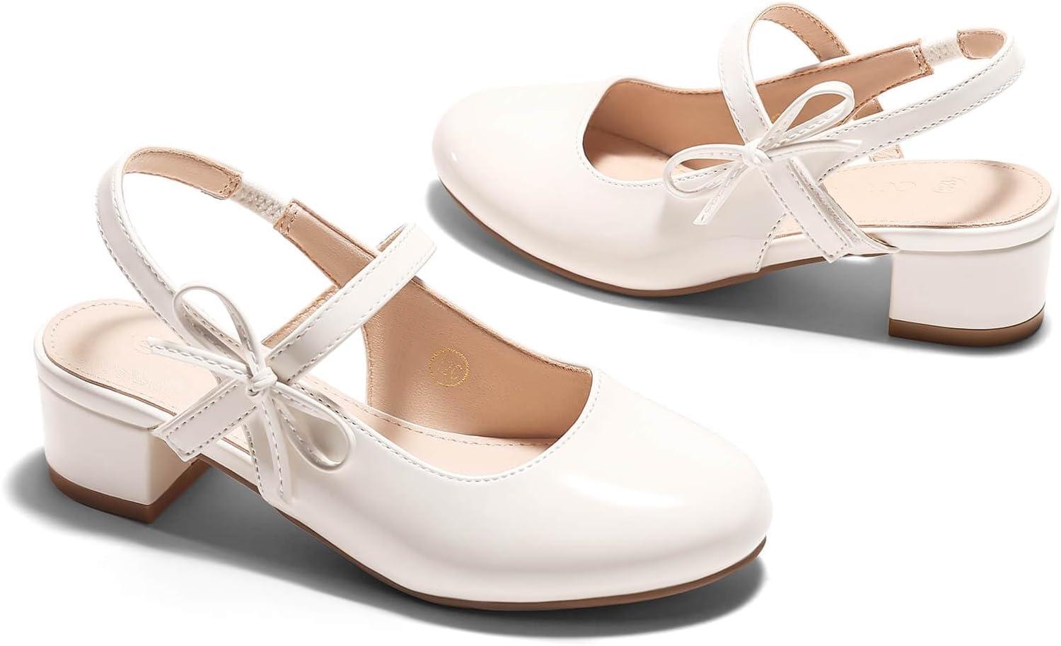 image:imageCoutgo Girls Dress Shoes Flower Girl Mary Jane Low Heels Wedding Party Bow Pumps for Toddler Little Big KidWhite Patent
