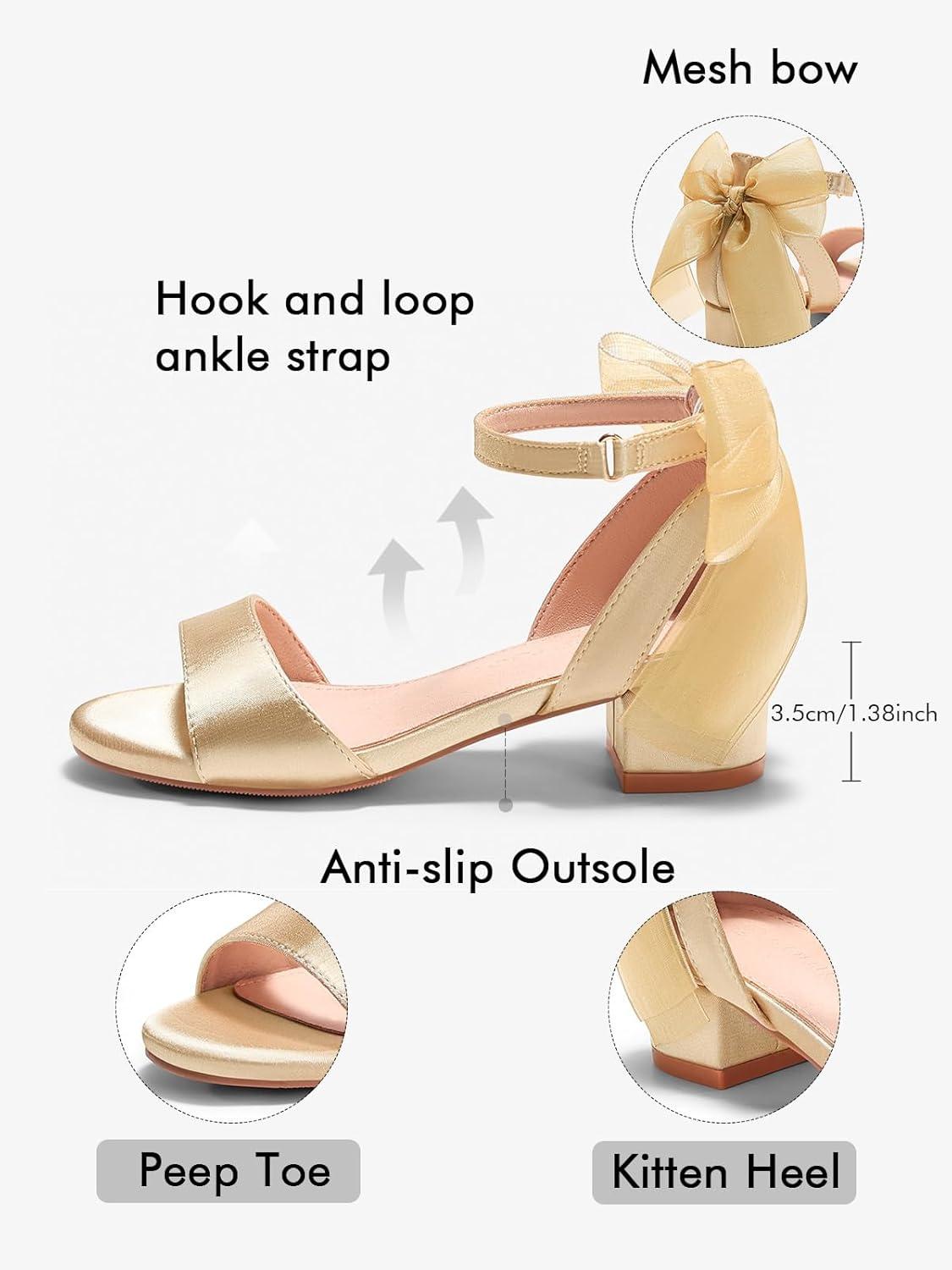 image:imageCoutgo Girls Dress Shoes Sandals Chunky Low Heels Bow Ankle Strap Flower Girl Wedding Party ShoesChampagne Gold
