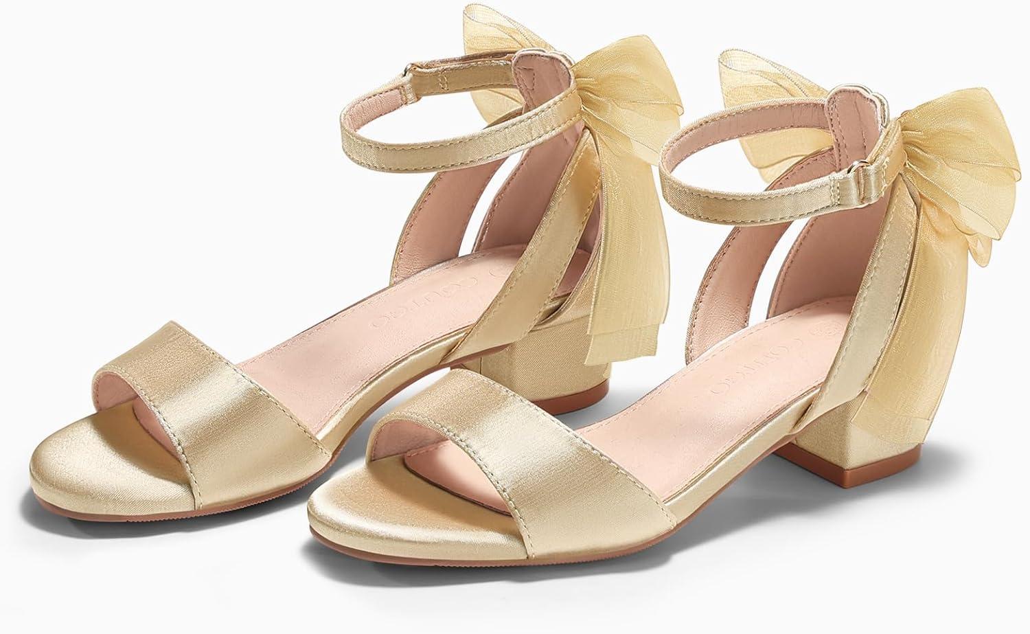 image:imageCoutgo Girls Dress Shoes Sandals Chunky Low Heels Bow Ankle Strap Flower Girl Wedding Party ShoesChampagne Gold
