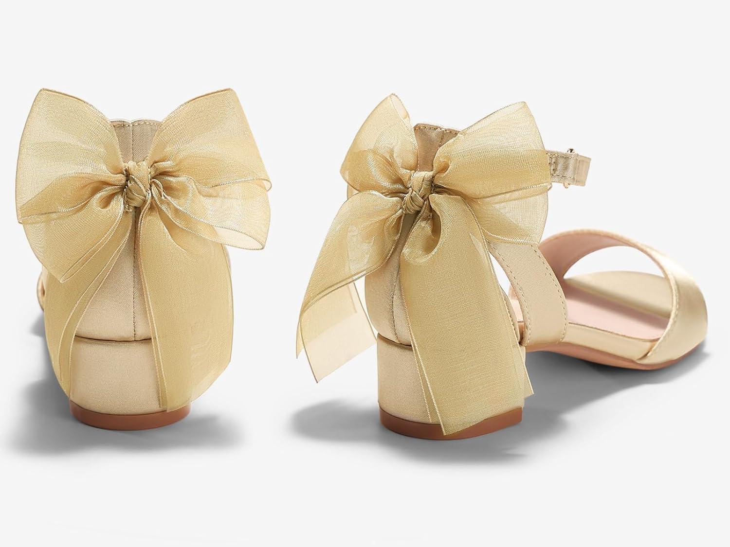 image:imageCoutgo Girls Dress Shoes Sandals Chunky Low Heels Bow Ankle Strap Flower Girl Wedding Party ShoesChampagne Gold