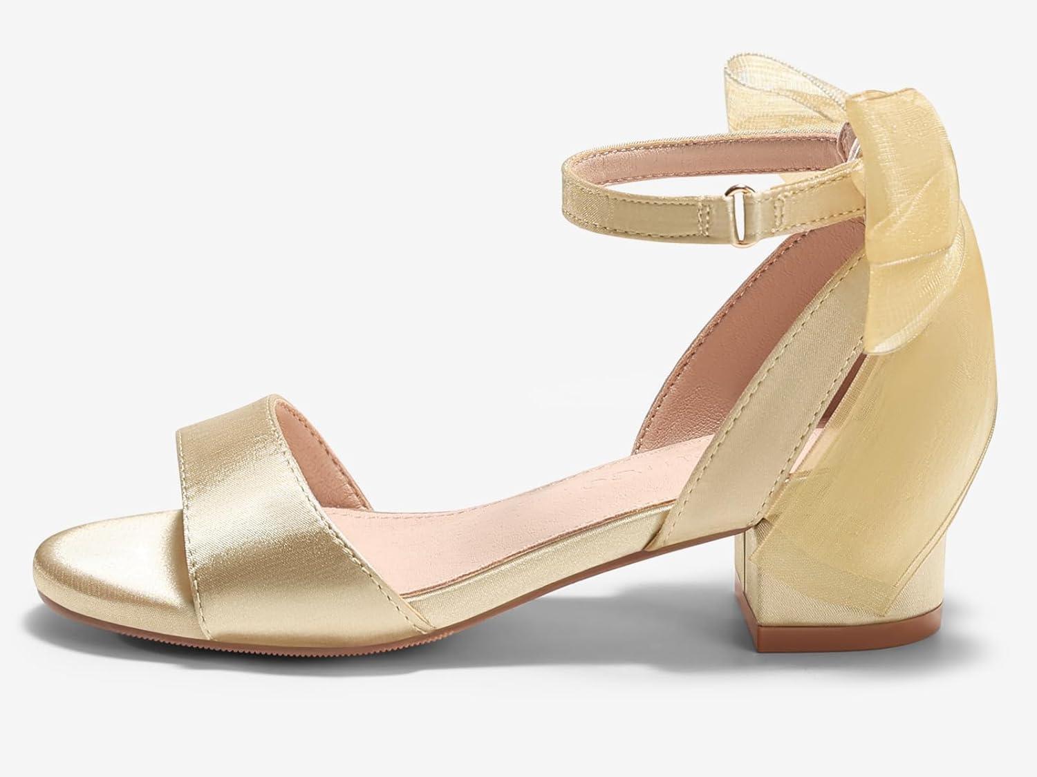image:imageCoutgo Girls Dress Shoes Sandals Chunky Low Heels Bow Ankle Strap Flower Girl Wedding Party ShoesChampagne Gold