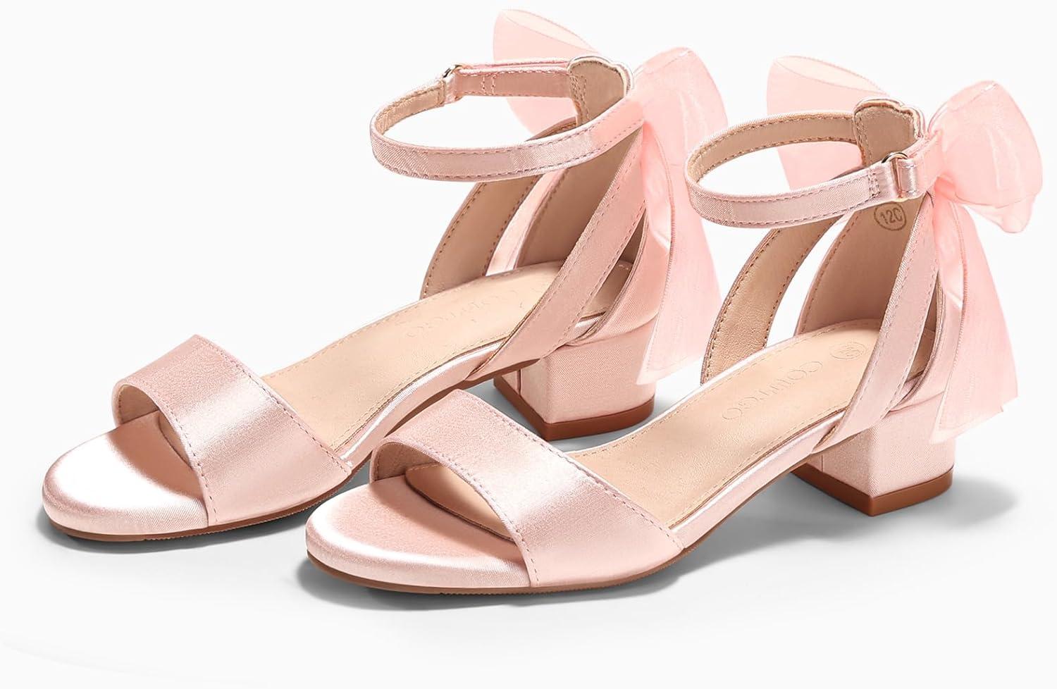 image:imageCoutgo Girls Dress Shoes Sandals Chunky Low Heels Bow Ankle Strap Flower Girl Wedding Party ShoesPink