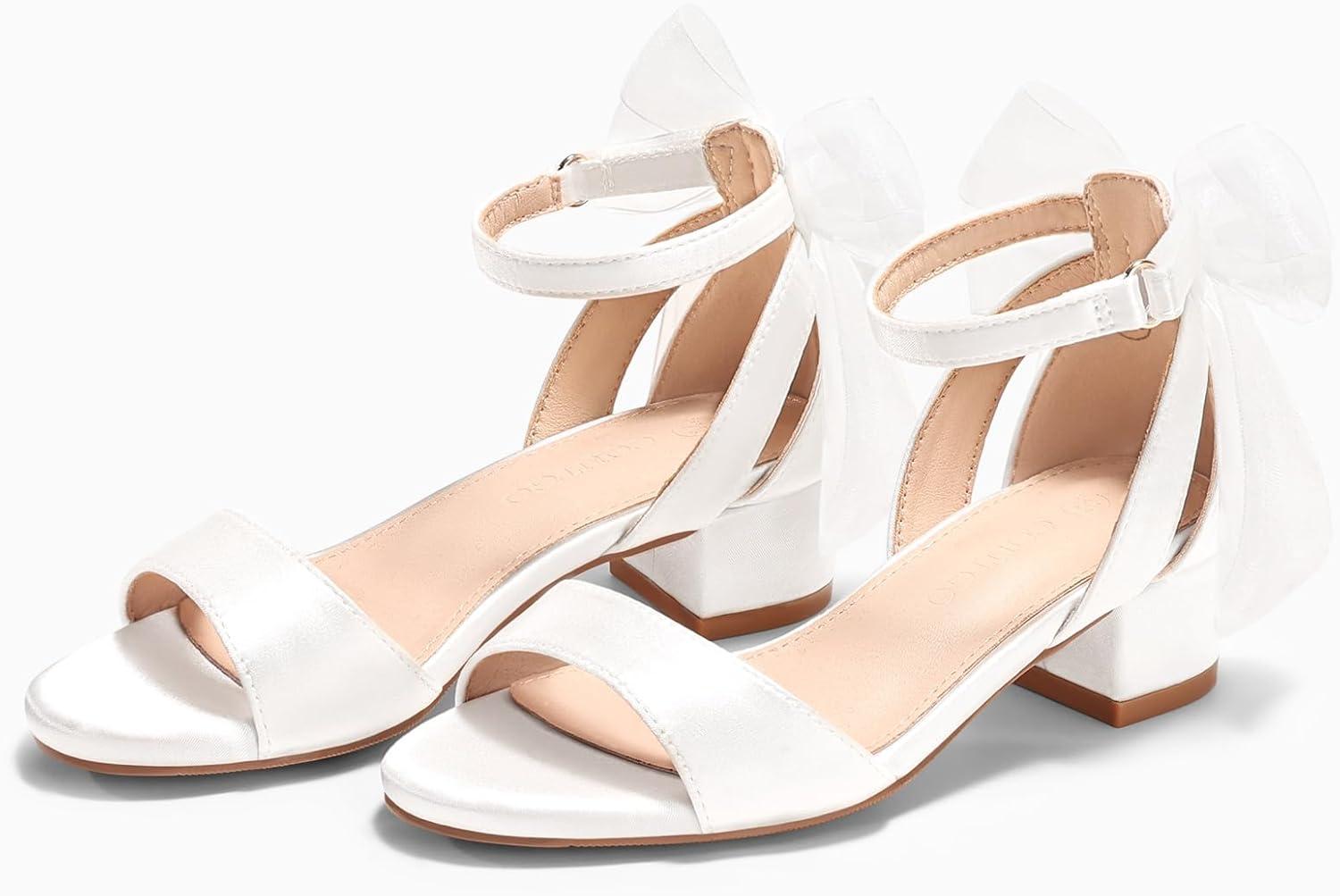 image:imageCoutgo Girls Dress Shoes Sandals Chunky Low Heels Bow Ankle Strap Flower Girl Wedding Party ShoesWhite