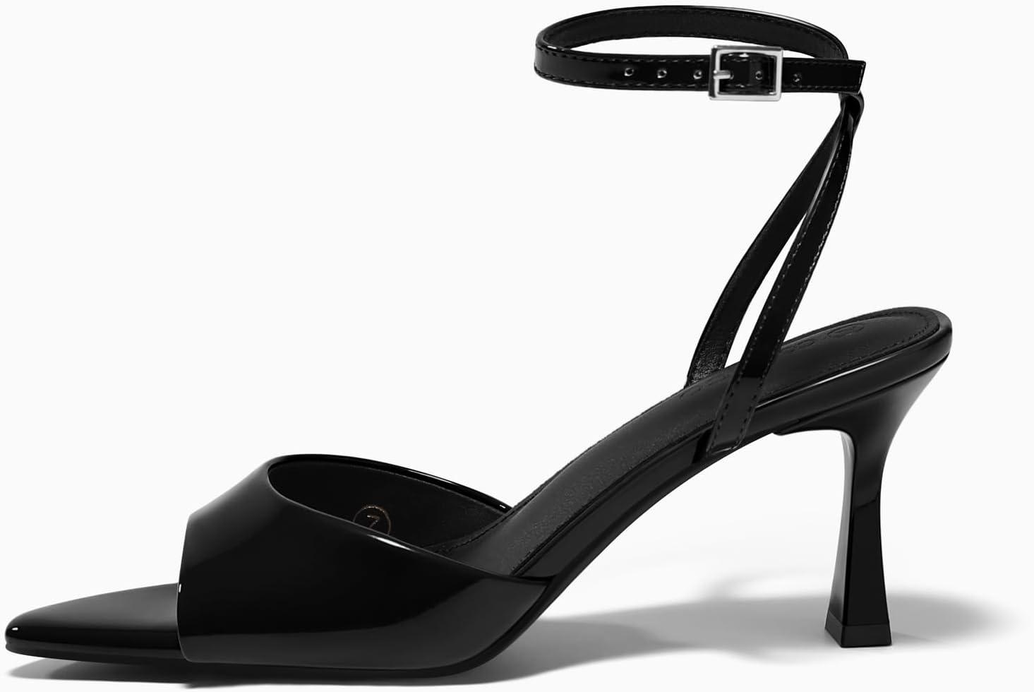 image:imageCoutgo Womens Kitten Heels Sandals Pointed Open Toe Ankle Buckle Strap Summer Dress ShoesBlack