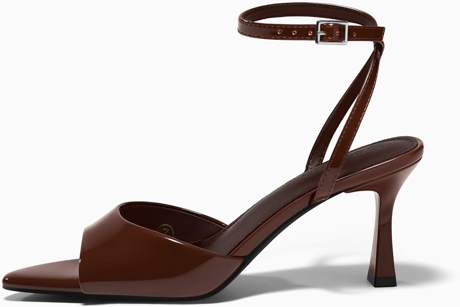 image:imageCoutgo Womens Kitten Heels Sandals Pointed Open Toe Ankle Buckle Strap Summer Dress ShoesCoffee
