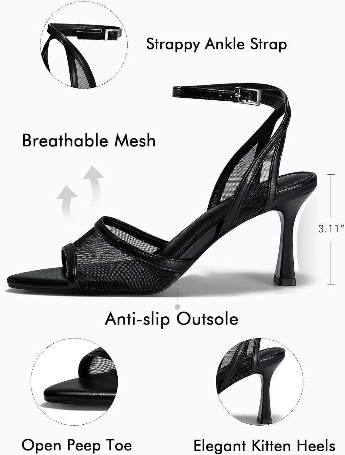 image:imageCoutgo Womens Kitten Heels Sandals Pointed Open Toe Ankle Buckle Strap Summer Dress ShoesMesh Black