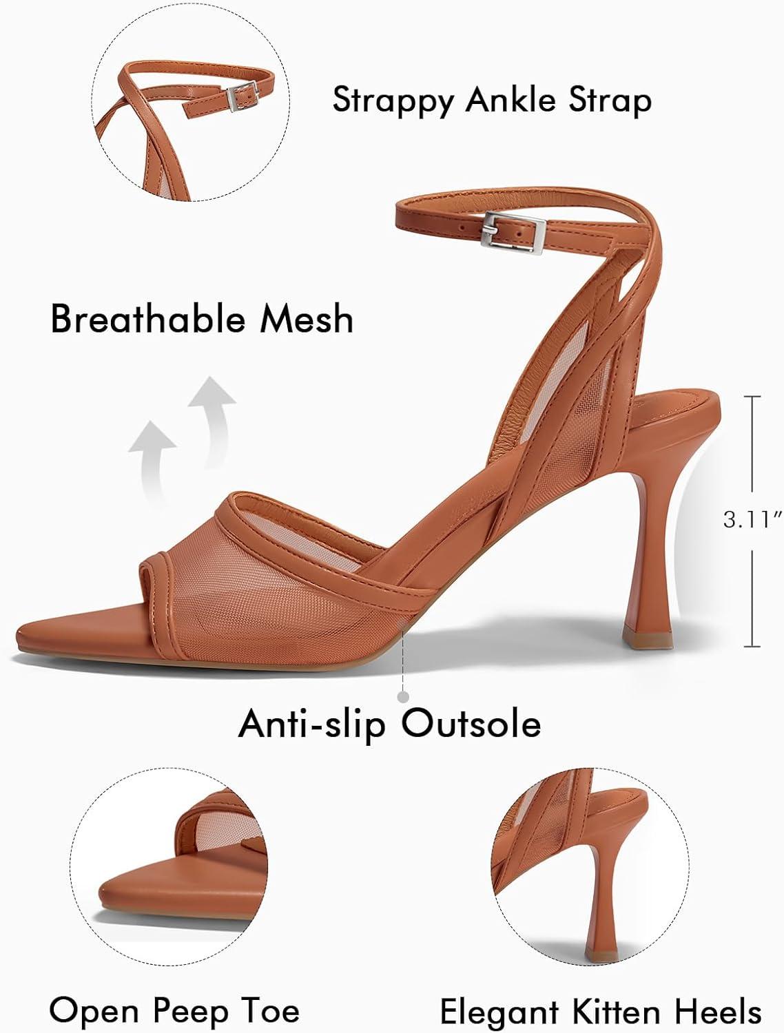 image:imageCoutgo Womens Kitten Heels Sandals Pointed Open Toe Ankle Buckle Strap Summer Dress ShoesMesh Brown