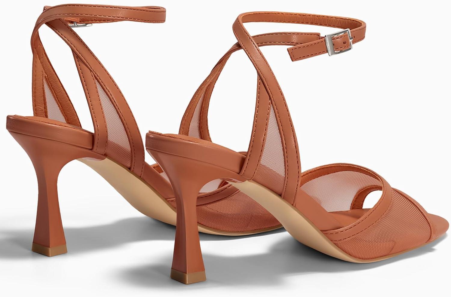 image:imageCoutgo Womens Kitten Heels Sandals Pointed Open Toe Ankle Buckle Strap Summer Dress ShoesMesh Brown