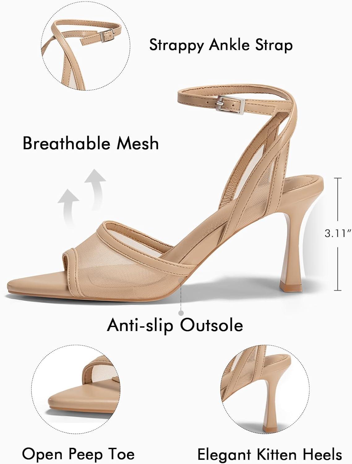 image:imageCoutgo Womens Kitten Heels Sandals Pointed Open Toe Ankle Buckle Strap Summer Dress ShoesMesh Khaki