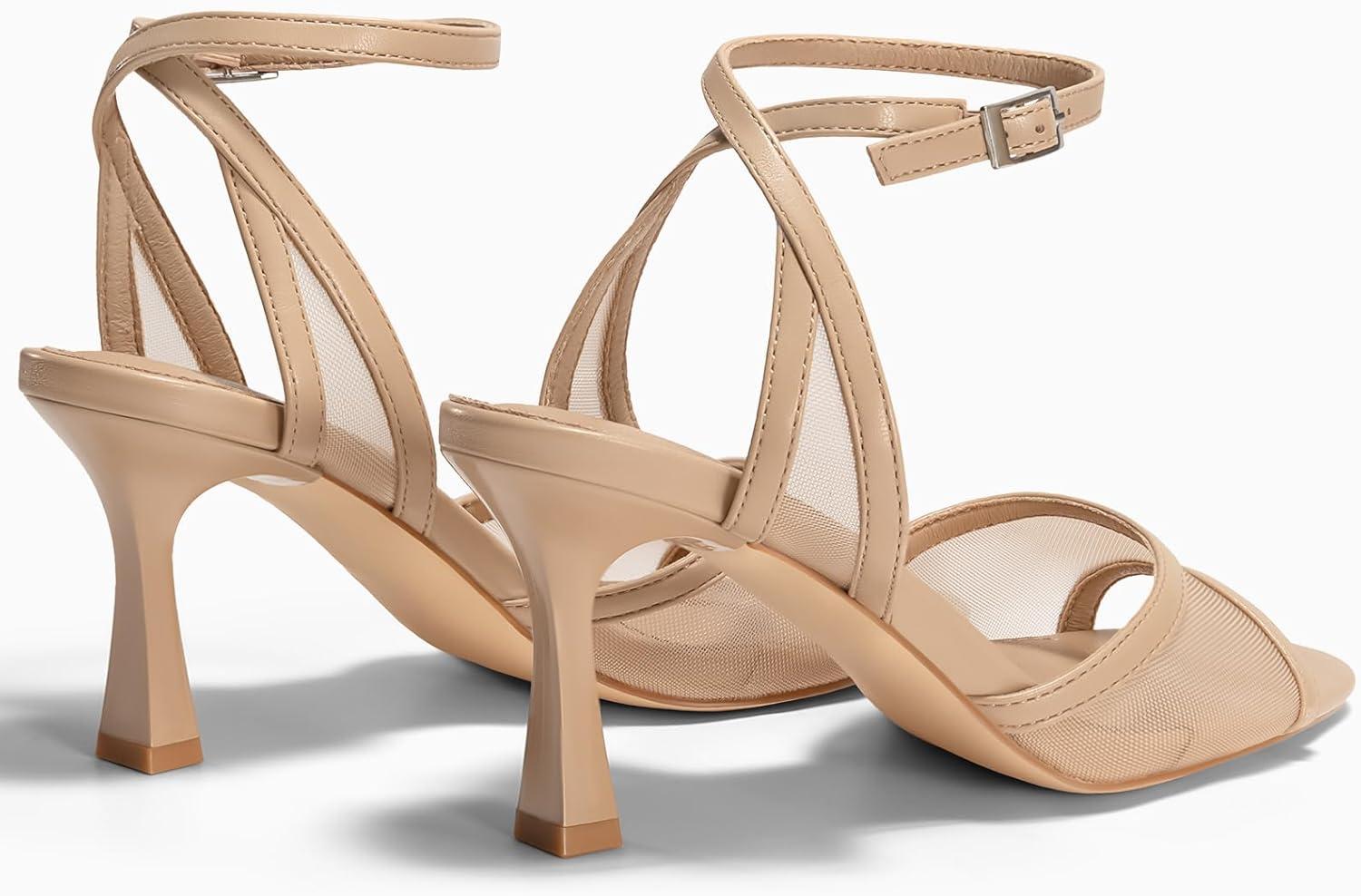 image:imageCoutgo Womens Kitten Heels Sandals Pointed Open Toe Ankle Buckle Strap Summer Dress ShoesMesh Khaki