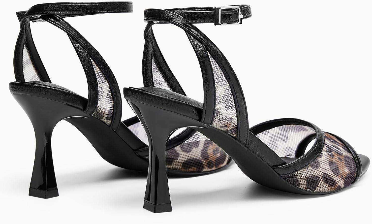 image:imageCoutgo Womens Kitten Heels Sandals Pointed Open Toe Ankle Buckle Strap Summer Dress ShoesMesh Leopard