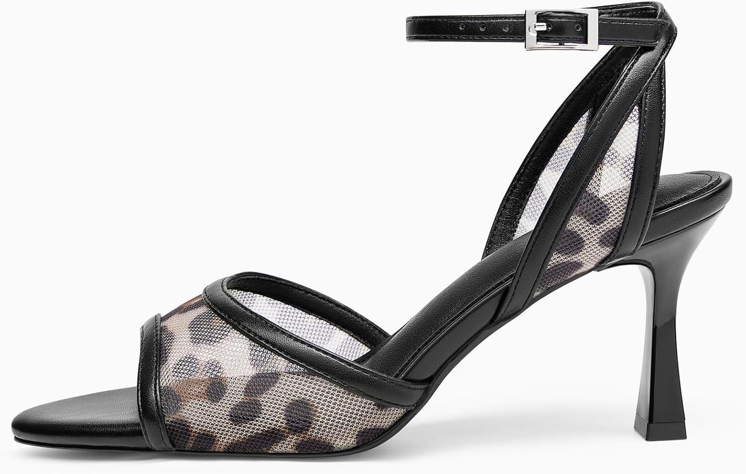 image:imageCoutgo Womens Kitten Heels Sandals Pointed Open Toe Ankle Buckle Strap Summer Dress ShoesMesh Leopard