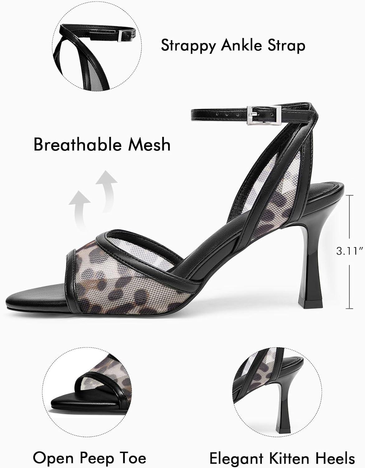 image:imageCoutgo Womens Kitten Heels Sandals Pointed Open Toe Ankle Buckle Strap Summer Dress ShoesMesh Leopard