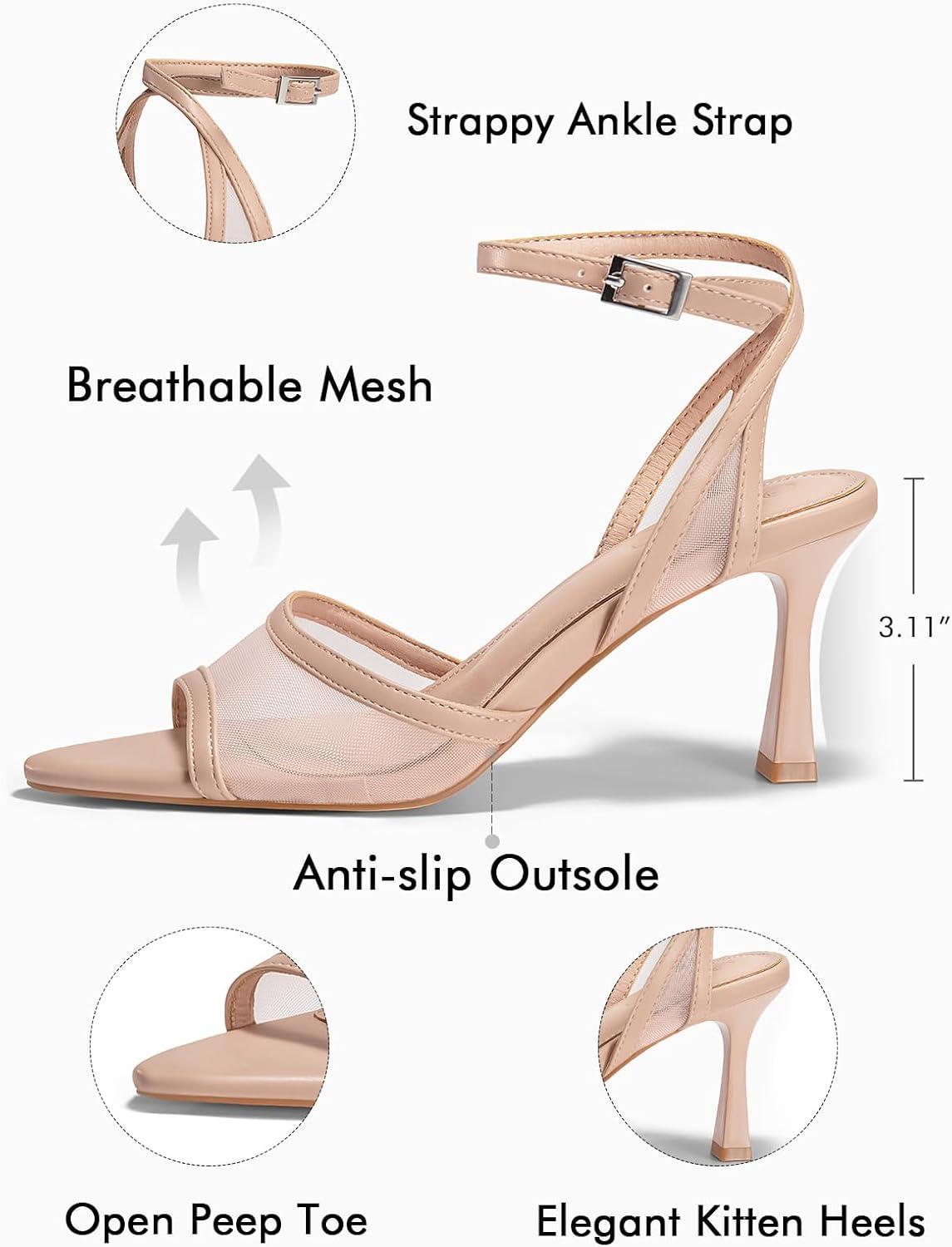 image:imageCoutgo Womens Kitten Heels Sandals Pointed Open Toe Ankle Buckle Strap Summer Dress ShoesMesh Light Pink