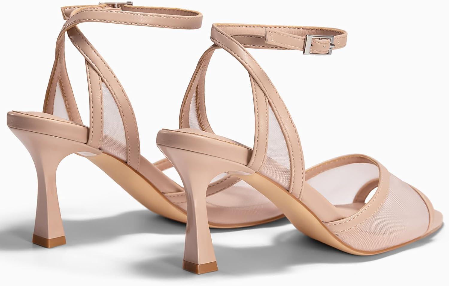 image:imageCoutgo Womens Kitten Heels Sandals Pointed Open Toe Ankle Buckle Strap Summer Dress ShoesMesh Light Pink