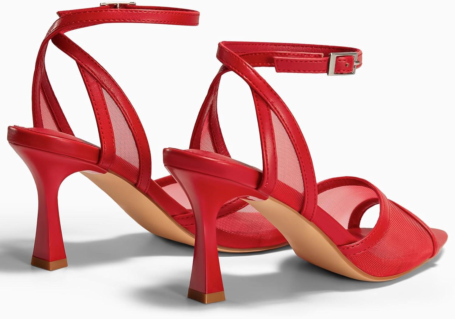 image:imageCoutgo Womens Kitten Heels Sandals Pointed Open Toe Ankle Buckle Strap Summer Dress ShoesMesh Red