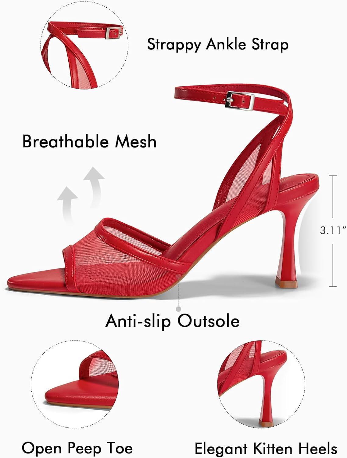 image:imageCoutgo Womens Kitten Heels Sandals Pointed Open Toe Ankle Buckle Strap Summer Dress ShoesMesh Red