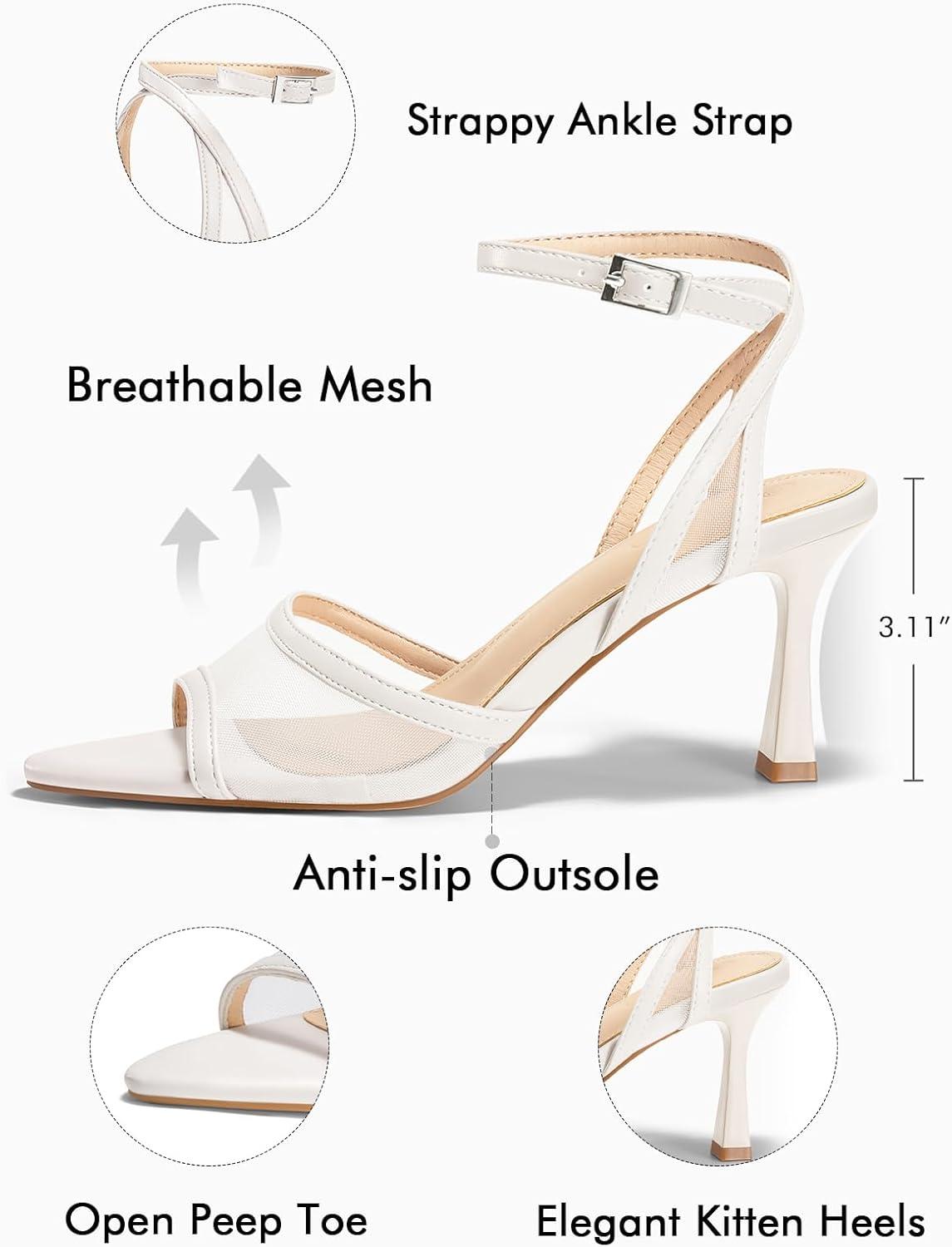 image:imageCoutgo Womens Kitten Heels Sandals Pointed Open Toe Ankle Buckle Strap Summer Dress ShoesMesh White