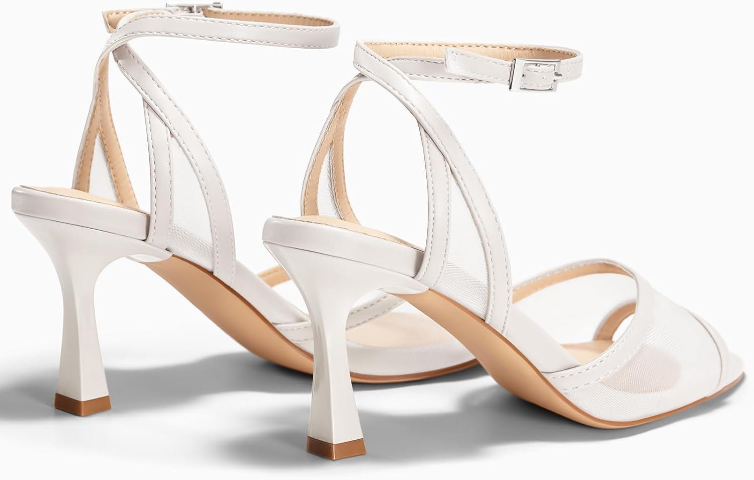image:imageCoutgo Womens Kitten Heels Sandals Pointed Open Toe Ankle Buckle Strap Summer Dress ShoesMesh White
